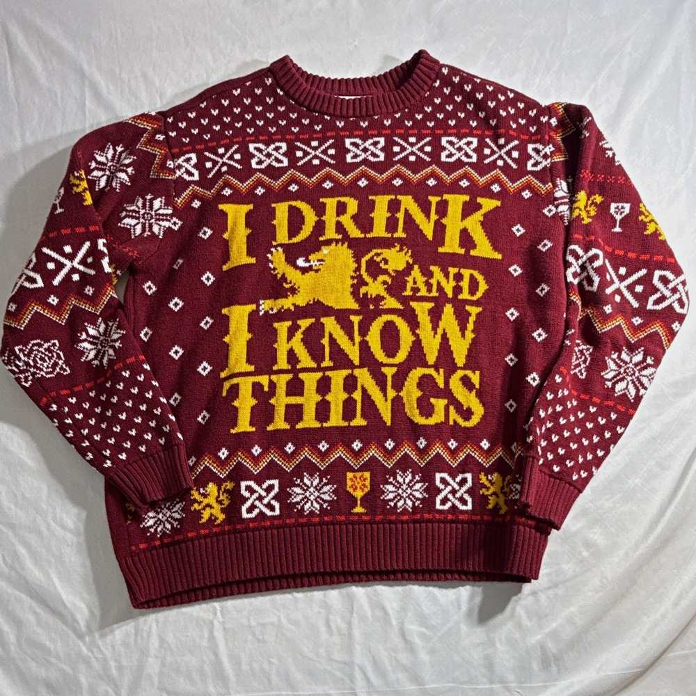 Game of Thrones Mens Burgundy I Drink and I Know Things Holiday Sweater L